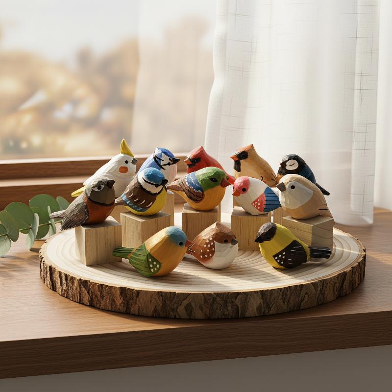 Vintage Collectibles Store - 귀여운 수공예 나무 새 조각상, 화려한